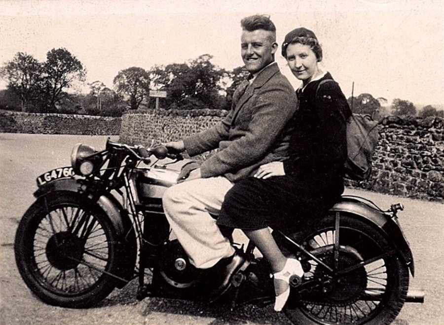 Charlie and Betty Sim on Douglas Motorcycle