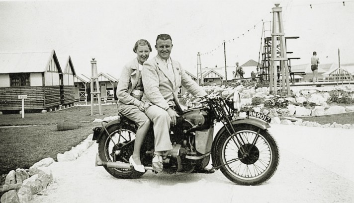 Charlie and Betty Sim on Douglas Endeavour Motorcycle